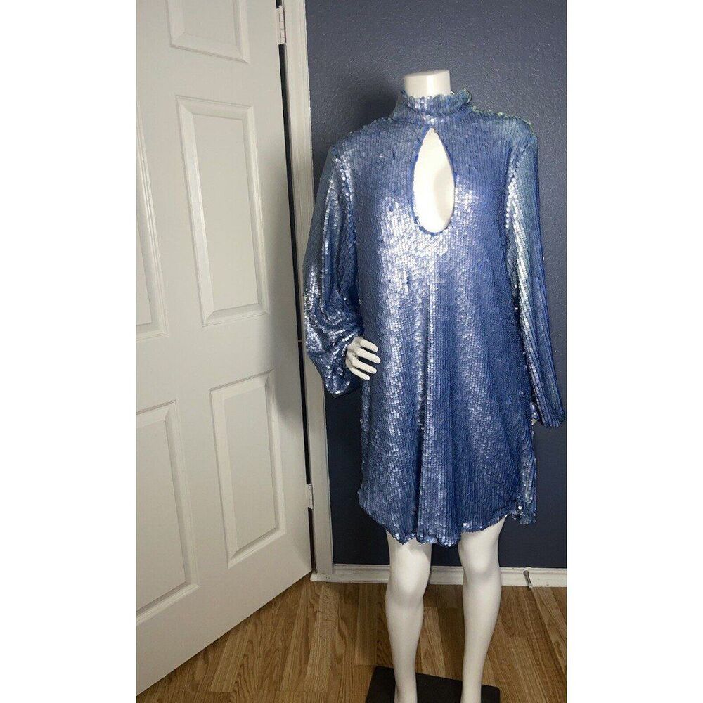 Boohoo Sequin High Neck Cut Out Smock Dress Size 10 Blue Sparkly Mini - Picture 2 of 12